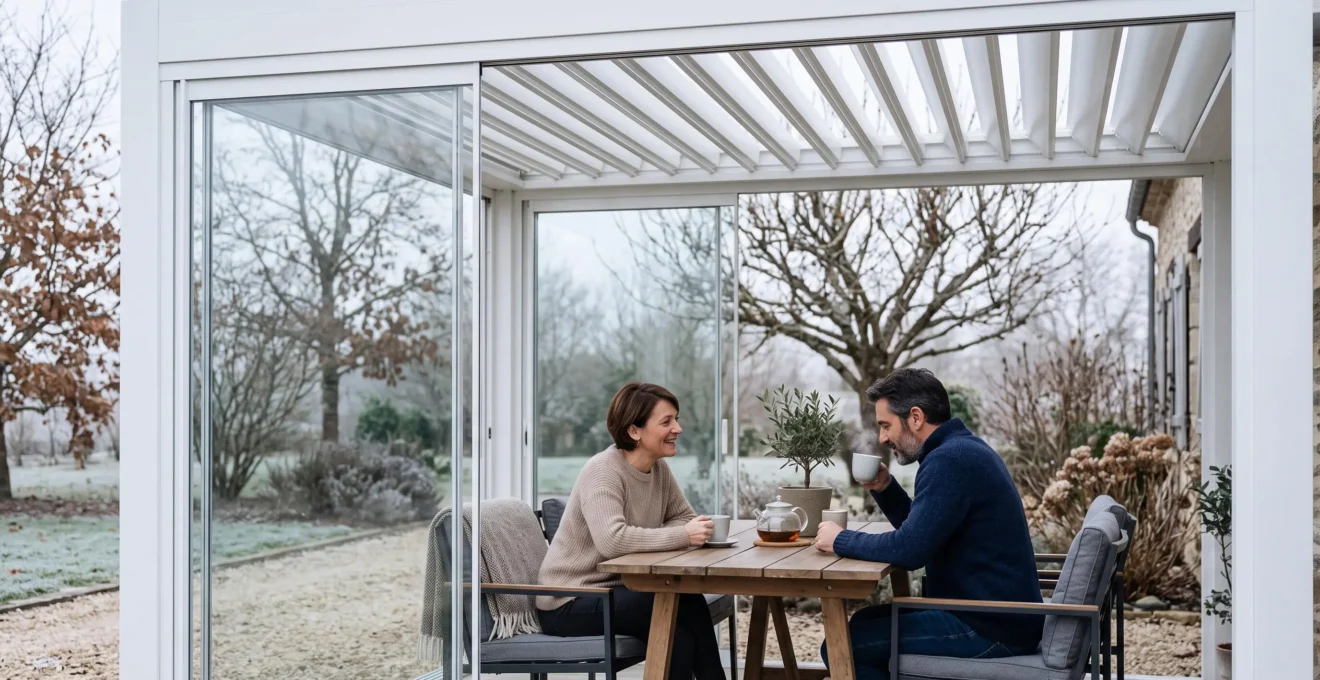 Couple assis sous une pergola bioclimatique équipée de parois vitrées coulissantes semi-fermées, profitant d'un moment convivial par temps frais hivernal en extérieur protégé