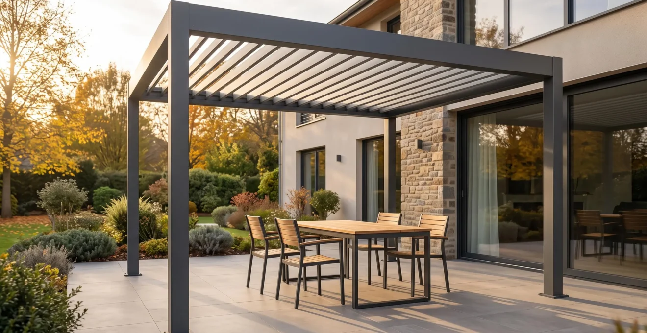 Pergola bioclimatique en aluminium gris anthracite installée sur une terrasse française avec salon de jardin moderne, lames orientables semi-ouvertes filtrant la lumière automnale dorée