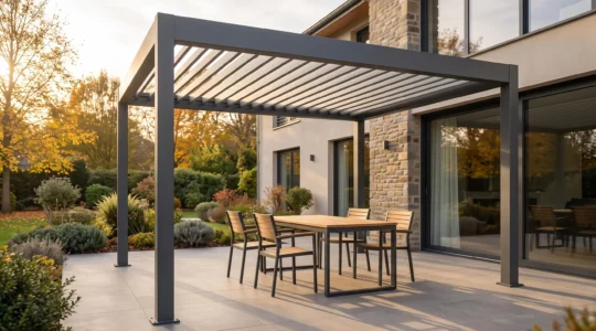 Pergola bioclimatique en aluminium gris anthracite installée sur une terrasse française avec salon de jardin moderne, lames orientables semi-ouvertes filtrant la lumière automnale dorée
