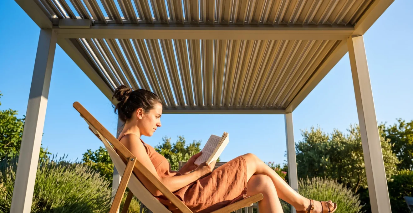 Vue de dessous d'une pergola bioclimatique avec lames fermées créant une ombre dense, jeune femme lisant un livre sur un transat en dessous pendant une journée d'été ensoleillée